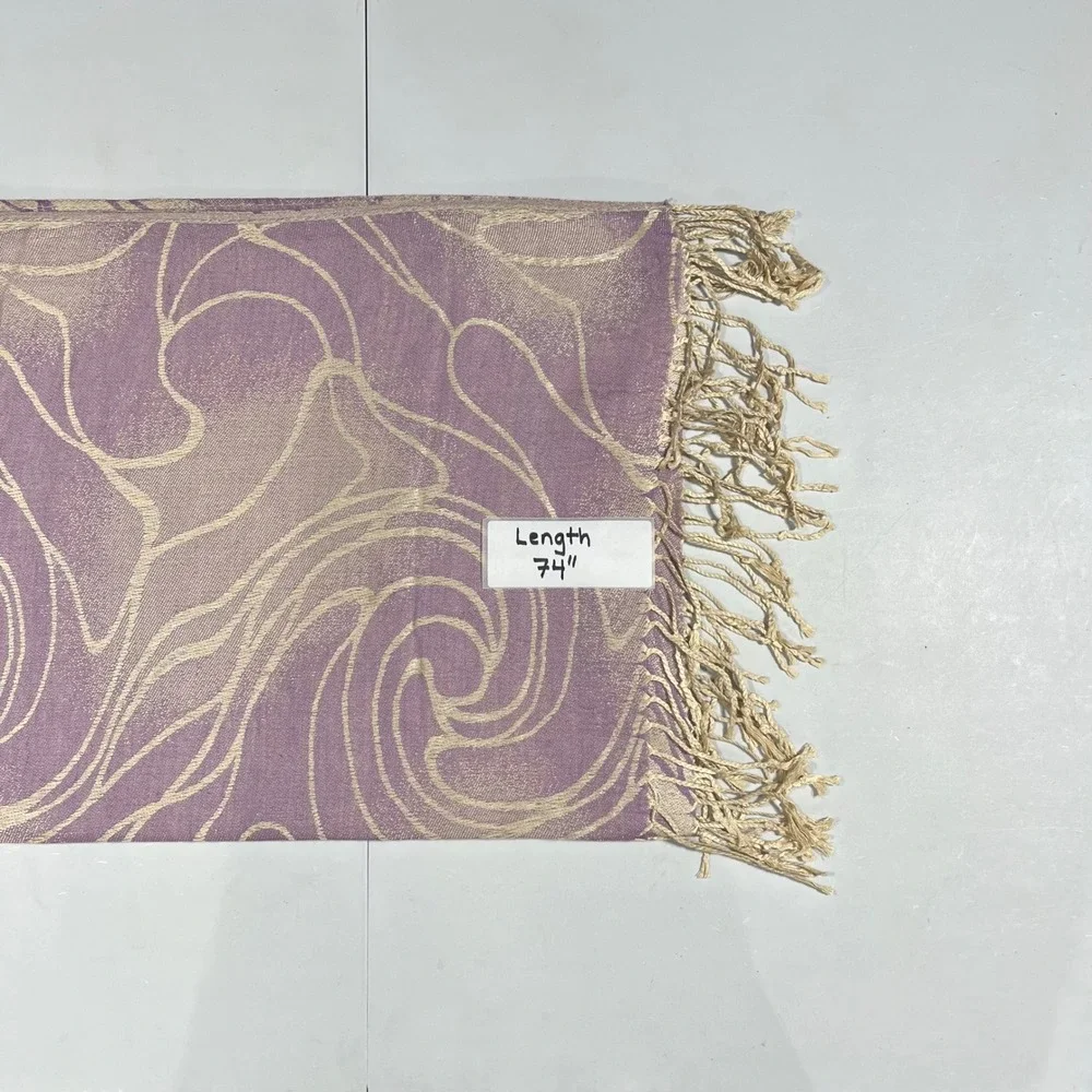 Womens Y2K 100% Cashmere Shawl Lavender Fairy Grunge Gold Jacquard Fringe Scarf